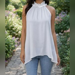 NY&Co Women's Soho Hi-Low Sleeveless Ruffle Neck Blouse Top White Size Small